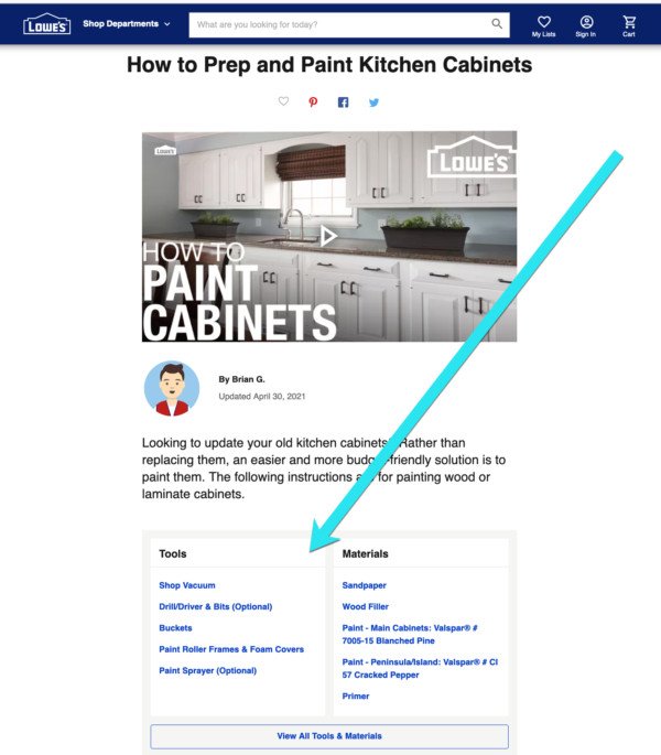 Trang web Lowe's với các liên kết sản phẩm được tích hợp trong nội dung hướng dẫn