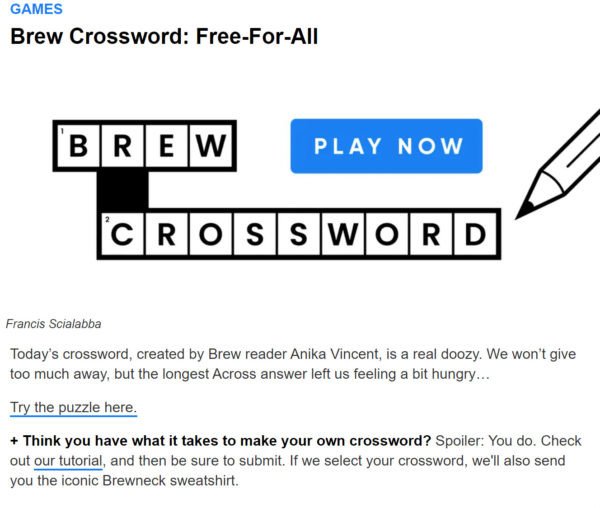 Trò chơi ô chữ "Brew Crossword" trong Morning Brew, minh họa cách tăng tính giải trí cho email newsletter để giữ chân người đọc.