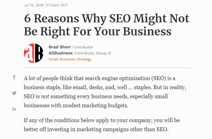 Ví dụ AllBusiness đưa ra quan điểm mạnh mẽ ngay trong lời mở đầu blog.