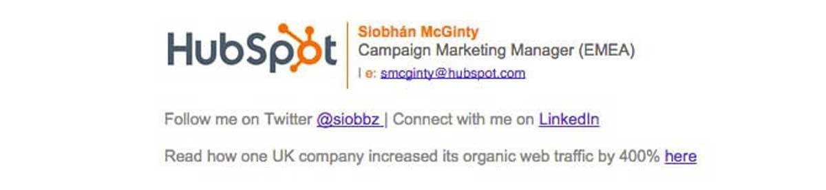 Ví dụ chữ ký email có đính kèm liên kết đến một Case Study từ Marketing Manager của Hubspot