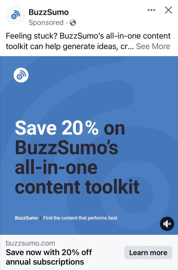 Ví dụ CTA của BuzzSumo trên mạng xã hội với ưu đãi giảm giá 20%, khuyến khích đăng ký để tối ưu công cụ content marketing.