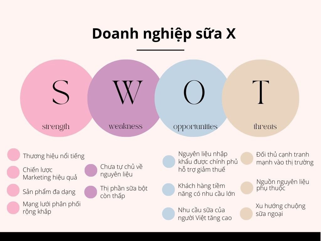 Ví dụ điển hình về phân tích ma trận SWOT cho một doanh nghiệp sản xuất sữa.