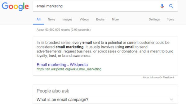 Ví dụ đoạn trích nổi bật dạng đoạn văn cho truy vấn "email marketing"