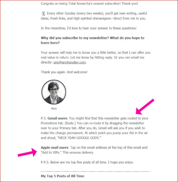 Ví dụ email chào mừng của Ann Handley hướng dẫn thêm vào danh bạ để tránh bộ lọc thư rác
