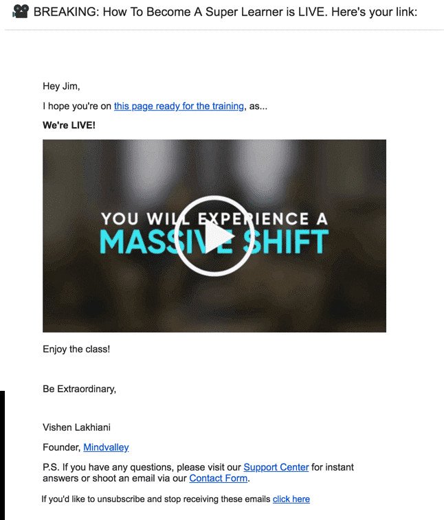 Ví dụ email marketing cá nhân hóa từ Mindvalley tăng cường sự tương tác và tránh spam