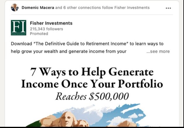 Ví dụ quảng cáo được tài trợ trên LinkedIn từ Fisher Investments, thể hiện chiến lược tiếp thị B2B