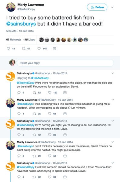 Ví dụ thương hiệu Sainsbury's ứng phó phản hồi tiêu cực trên Twitter một cách hài hước và thông minh.