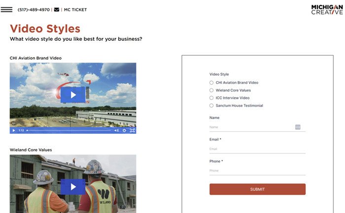 Ví dụ trang đích với các video tương tác từ Michigan Creative