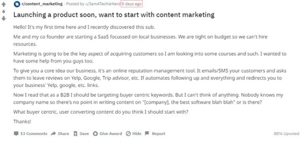 Ví dụ về câu hỏi và phản hồi trong subreddit r/content_marketing trên Reddit.