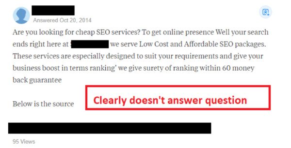 Ví dụ về câu trả lời mang tính quảng cáo không phù hợp trên Quora.