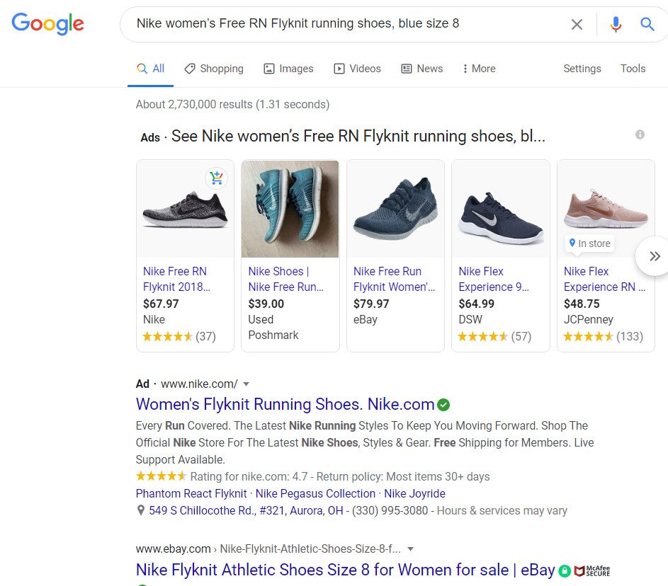 Ví dụ về cụm từ tìm kiếm có ý định giao dịch cho giày chạy bộ Nike