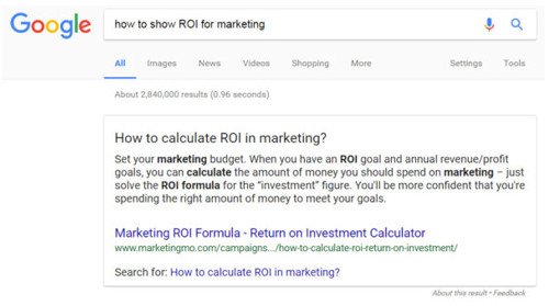 Ví dụ về đoạn trích nổi bật trên Google cho truy vấn về ROI trong marketing