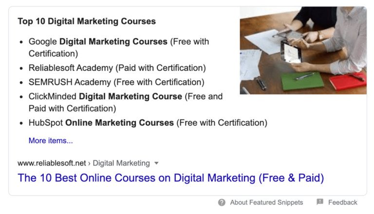 Ví dụ về Google Snippet hiển thị danh sách các khóa học digital marketing