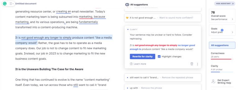Ví dụ về Grammarly Pro đề xuất chỉnh sửa câu để nâng cao chất lượng nội dung và tính rõ ràng.