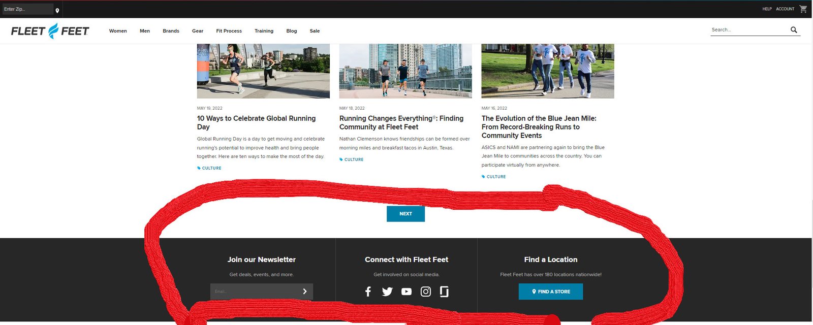 Ví dụ về lời kêu gọi hành động ở chân trang web Fleet Feet mời người dùng đăng ký nhận bản tin.
