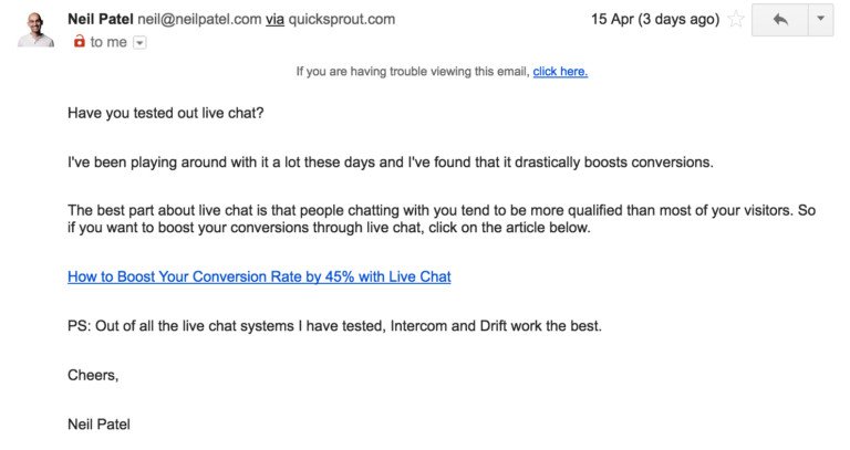 Ví dụ về nội dung email marketing ngắn gọn, súc tích từ Neil Patel