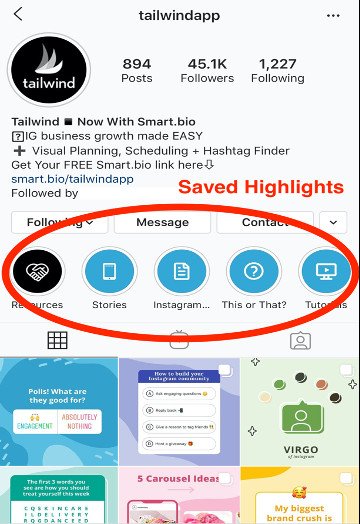 Ví dụ về tính năng Tin nổi bật (Highlights) trên trang cá nhân Instagram