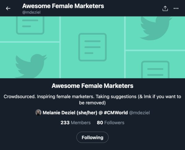 Ví dụ về Twitter List tập hợp các tài khoản chuyên gia marketing nữ, hỗ trợ tìm kiếm và chắt lọc nội dung chất lượng.