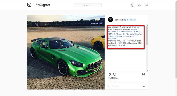 Ví dụ về việc sử dụng hashtag đa dạng của Mercedes Benz trên Instagram