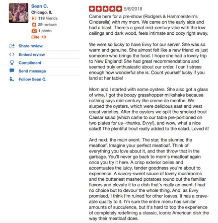 Yelp review về nhà hàng Tortoise Supper Club gợi mở ý tưởng nội dung