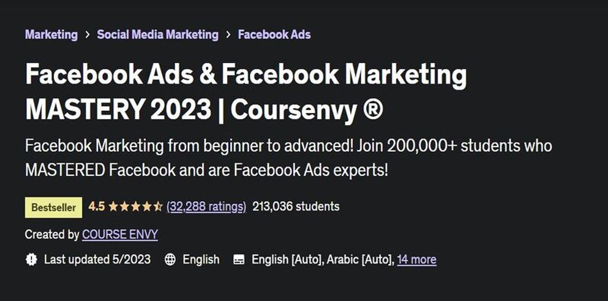 Hình ảnh giao diện khóa học Facebook Ads &amp; Facebook Marketing Mastery trên Udemy, minh họa nội dung phong phú và các tài liệu học tập đa dạng.