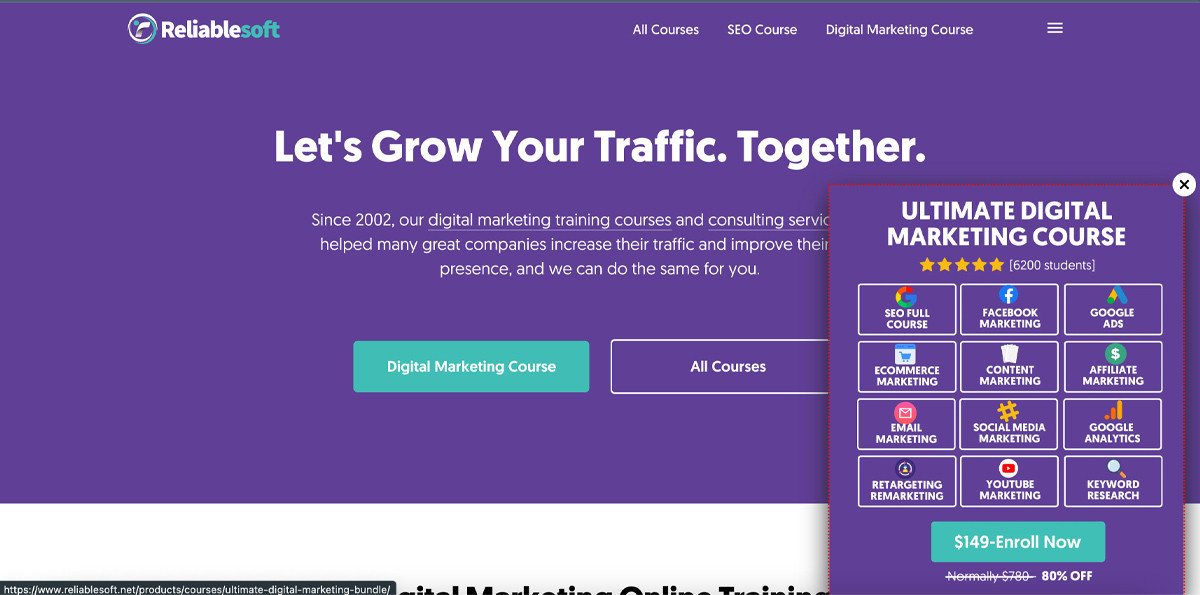 Hình ảnh giao diện trang web của Reliablesoft, hiển thị thông tin về khóa học Facebook Ads, nhấn mạnh vào các lợi ích và nội dung học chuyên sâu về quảng cáo Meta.