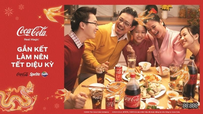 Một chai Coca-Cola với hình ảnh gia đình sum họp trong không khí Tết, minh họa content quảng bá sản phẩm trong dịp Tết.