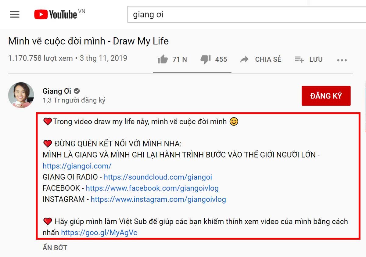 Một ví dụ về phần mô tả video trên Youtube ấn tượng